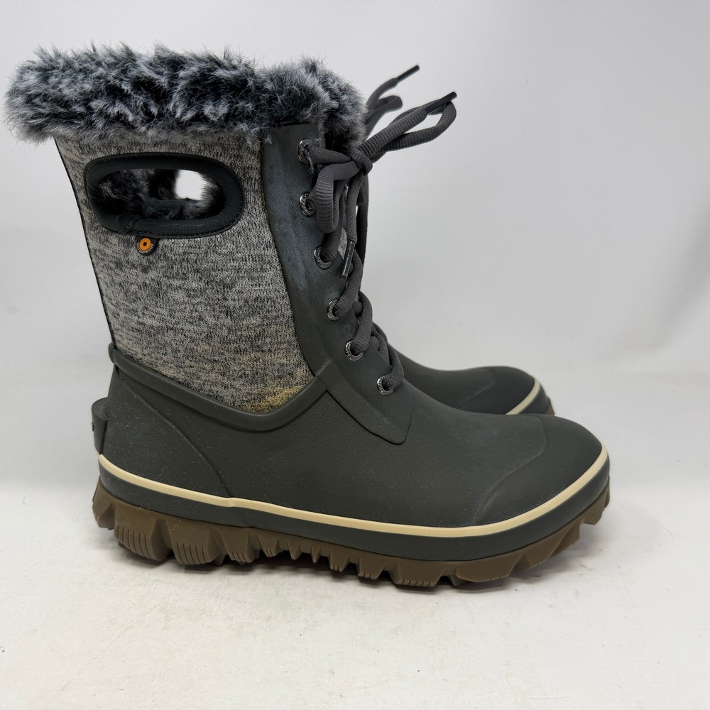 Bogs Boots Womens 8 Arcata Knit Dark Grey Waterproof Faux Fur Insulated EUC